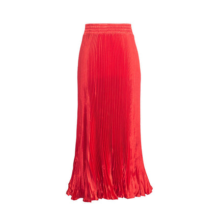 2025 new European and American foreign trade women's satin metallic luster pleated skirt long organ skirt long skirt skirt