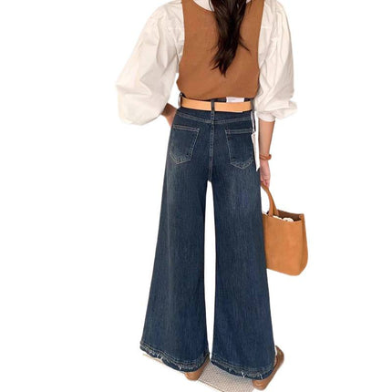 High-Waisted Spliced Raw Edge Straight Jeans for Women 2025 New Retro Stretch Non-Stick Wide-Leg Flared Pants