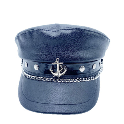 Y2K Spice Girl PU Leather Flat Top Beret Women's All-match Retro British Style Black Navy Hat for Face