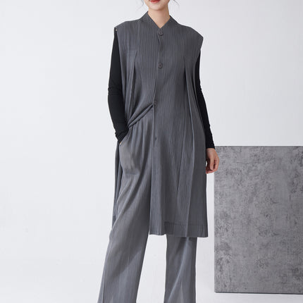 Miyake suit Women's High-end Professional Commuting All-match Mid-length Vest Cardigan Jacket Straight Pants Two-piece Set