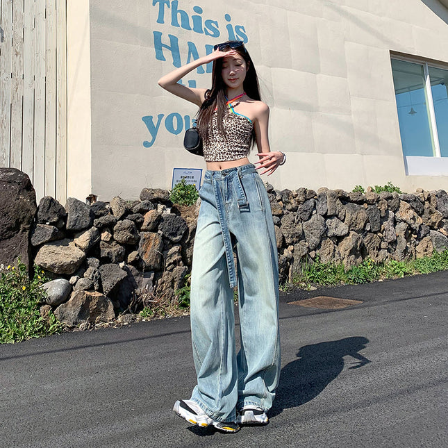 Vintage Belt Wide Leg Jeans Women's 2025 Summer New Style Straight Loose High Waist Dosing Slim-fit Mop Pants