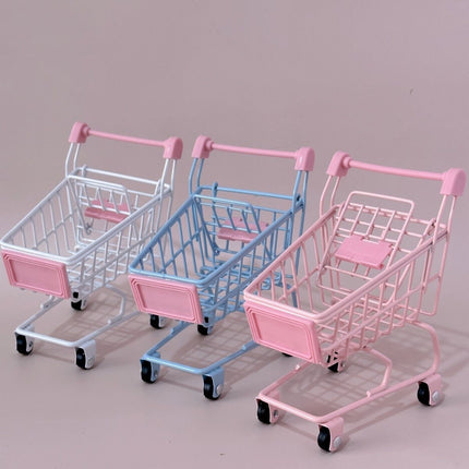 Ins Iron Cute Pink Girl Desktop Storage Basket Mini Trolley Shopping Cart Props Sundries