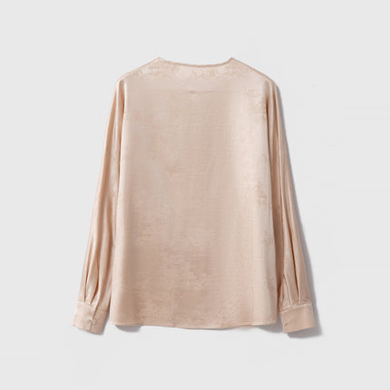 Guofeng Button Silk Jacquard Satin Long-sleeved Top Women's Mulberry Silk Round Neck Loose New Chinese Style Shirt
