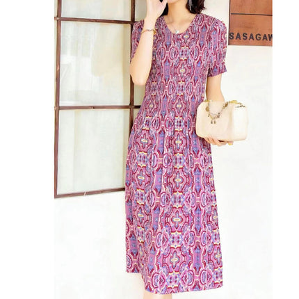 Miyake pleated 2025 summer new temperament round neck printed pleated skirt fashion waist thin magic dress