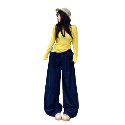 American-Style Dark Blue Drapey Wide-Leg Jeans for Women, 2025 Autumn and Winter New Straight Loose High-Waisted Slimming Floor-Length Pants