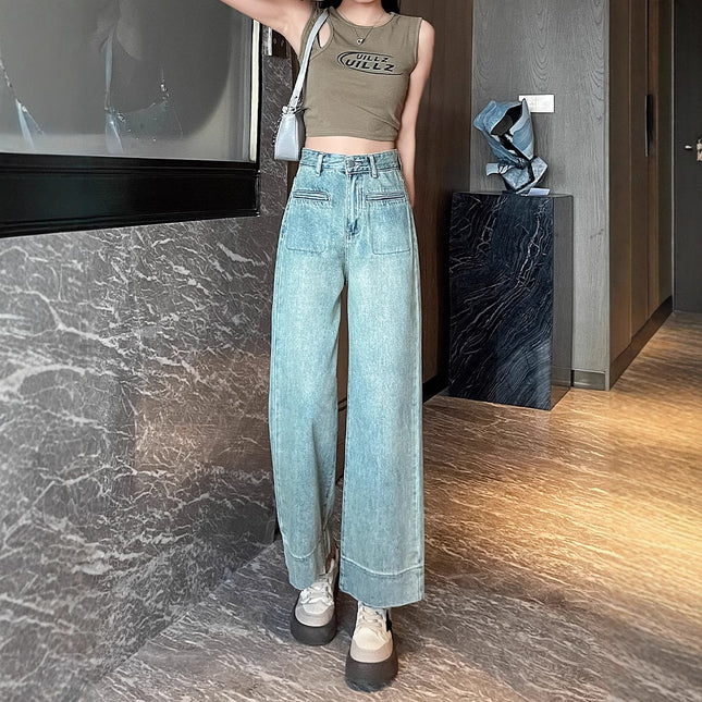 Spring and Autumn New Jeans Women's High Waist Slimming Loose Straight Pants Pear-Shaped Figure Retro All-Match Cropped Pants Ins