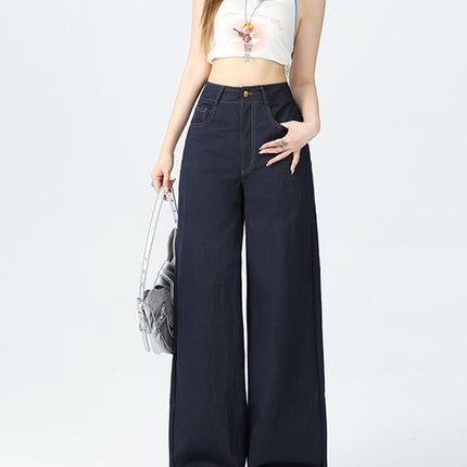 Cross-Border New American Fashion Women's Straight-Leg Raw Denim Jeans Women's Design Floor-Length Jeans Straight-Leg Pants