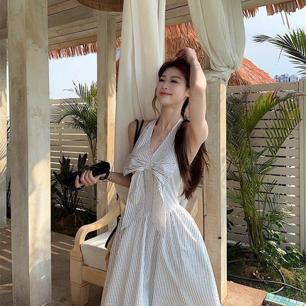 Gentle Style Stripesd Bow Halter V-Neck Dress for Women Summer Seaside Vacation A-Line Skirt French Style Long Skirt