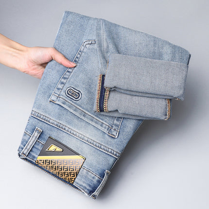 European style light luxury fashion brand men's slim fit skinny Denim trousers Foreign single European casual micro elastic slimming light blue pants