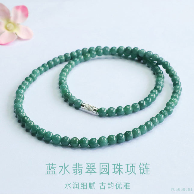 Guan Yu Natural Grade a Jade Necklace Blue Water Jade Round Bead Chain E-Commerce Live Broadcast Hot Sale Wholesale S5060601