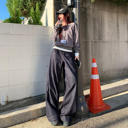 Bumi House# Slack Street High Waist Loose Meat Covering Jeans Women's 2024 Autumn New Tannin Primary Color Wide Leg Pants
