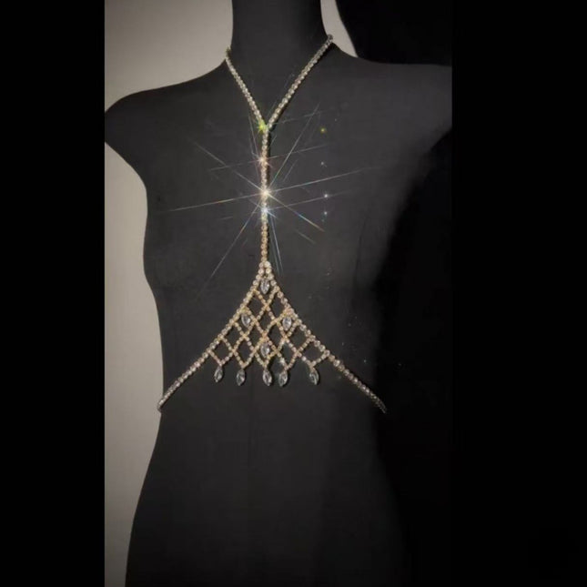 Cross Border Luxury Rhinestone Mesh Pendant Men Women Chest Chain Summer Beach Hollow Body Chain bodychain