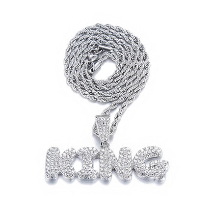 European and American Hip-Hop Versatile Men's Diamond-Studded Letter King Fashion Pendant Necklace Accessory Factory Supply Hip-Hop Style