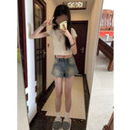 Retro blue fashion shorts 008 / Xs【below 42.5kg】