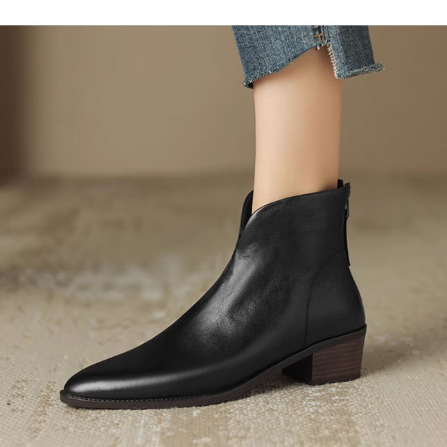 Cross-border retro pointed toe chunky heel short boots for women 2023 French autumn and winter new back zipper mid heel nude bone fashion boots