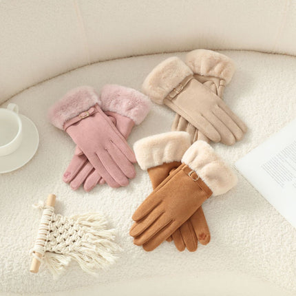 Suede Women's Thickeneded Velvet Gloves Wholesale Outdoor Cycling Suede Korean Style Cute Touch Screen Gloves Dropshipping
