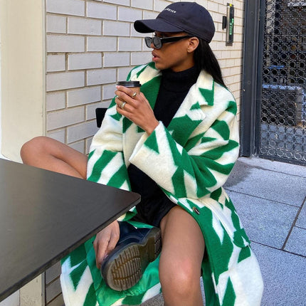 2025 New European and American Autum Cross-Border Women's Clothing, Various Color Matching Fashionable Long-Sleeved Lapel Outwears, Printed Woolen Outwears