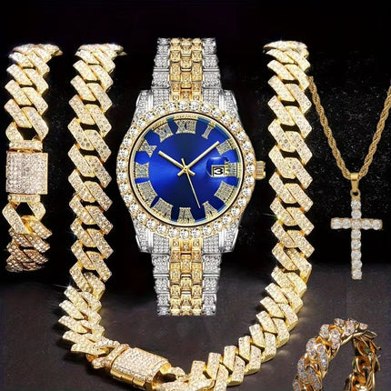 Hiphop Hip Hop Diamond Watch Five-Piece Diamond Cuban Chain Cross Necklace Cuban Ring Cross Border Wholesale