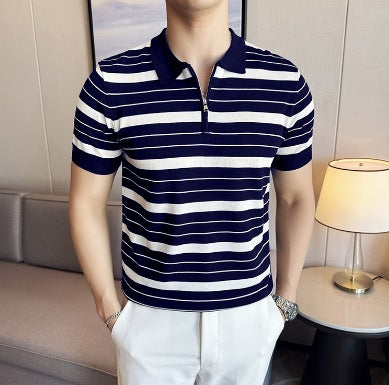2025 Men's Knitted Polo Shirt Handsome Summer Trendy Men's Right Shoulder Shirt Collar American Zipper Lapel Stripesd T-Shirt