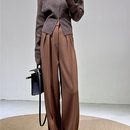 Spring and Autumn New Style Old Money Style Brown Coffee Color Suit Pants for Women, Wide-Leg Pants with Drape Effect, Slimming, Extended Length for Tall Individuals, Straight-Leg Pants