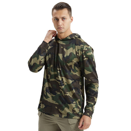 New Men's Long-Sleeved Quick-Drying Hooded Sun Protection t Outdoor Tactical Sports Physical Fitness Breathable Camouflage T-Shirt Camping Style Fishing