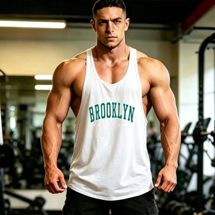 Summer Men's Vest Thin Strap Sports European and American Bodybuilding Fitness T-shirt Printed logo Waistle I-Shoulder Loose Men