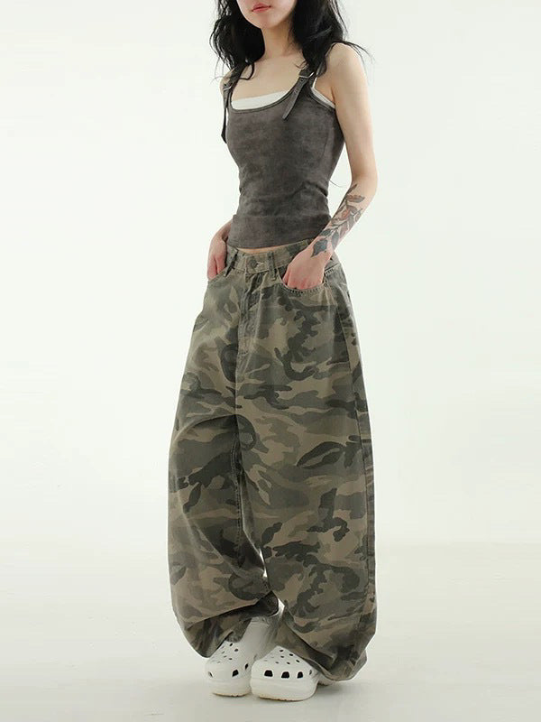 Fansiyu 2025 Summer New American Retro Camouflage Work Jeans Women's High-Waisted Loose Wide-Leg Floor-Length Pants