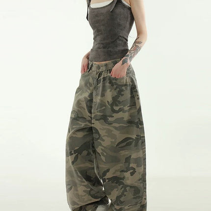 Fansiyu 2025 Summer New American Retro Camouflage Work Jeans Women's High-Waisted Loose Wide-Leg Floor-Length Pants