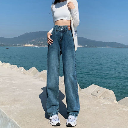 2025 Slimming Versatile High-Waisted Wide-Leg Pants White Denim Floor-Length Straight Pants Niche Loose Women's Two-Button Trendy