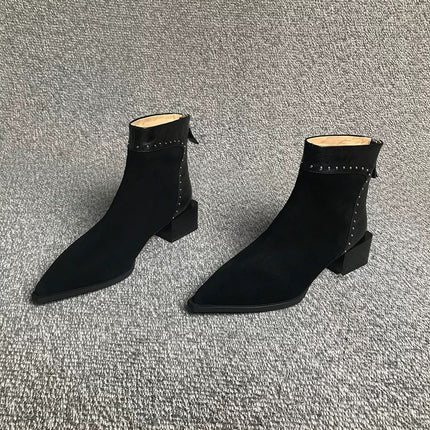 French High-End Medium Thick Heel Short Boots for Women 2025 Winter Rear Zipper Rivet Fashion Boots Slim Boots Elegant Elastic Boots