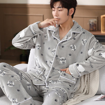 Men's Pajamas, Winter Thickened and Fleece-Lined, Men's Home Wear Set, Coral Fleece, Warm, Autumn and Winter, One-Piece Wholesale