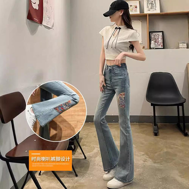 New Chinese Style Embroidered Flared Jeans for Women, Spring and Autumn New High-Waisted Slimming Stretchy Extended Bootcut Pants
