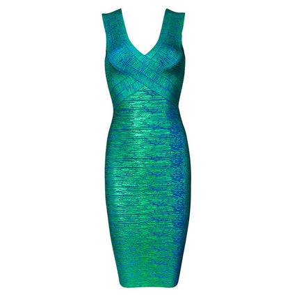 Clearance European and American Luxury Bronzing Hot Green V-neck Elegant Bandage dress Knitted Elastic Slim-fit Ladies Women's Dress