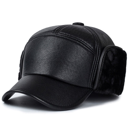 Hat Men's Winter Middle-aged and Elderly PU Leather Warm Ear Protection Winter Hat Grandpa Dad fleece-lined Old Man Cotton Hat