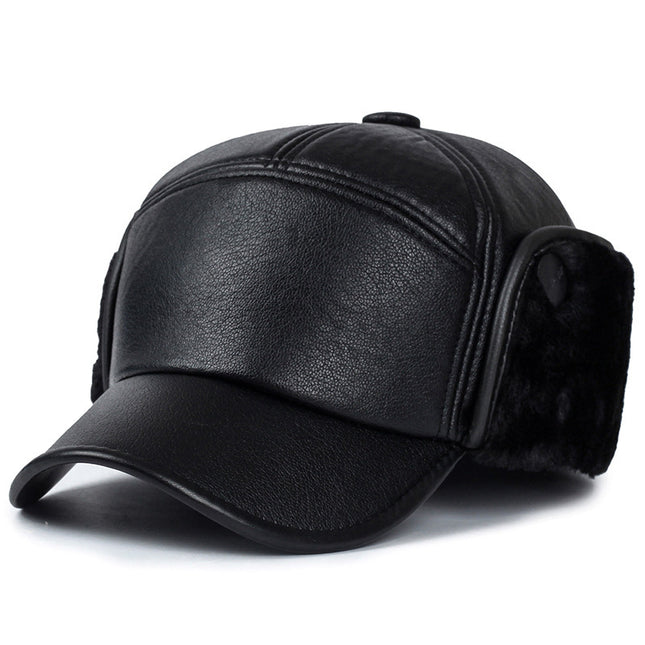 Hat Men's Winter Middle-aged and Elderly PU Leather Warm Ear Protection Winter Hat Grandpa Dad fleece-lined Old Man Cotton Hat