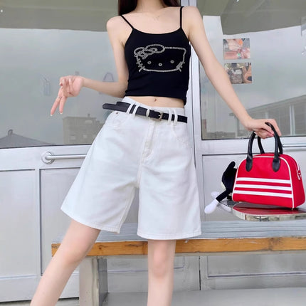 White Five-Point Jeans Thin Summer Women's 2024 Wide-Leg Lightweight Pear-Shaped Figure A-Line Shorts High-Waisted Mid-Pants
