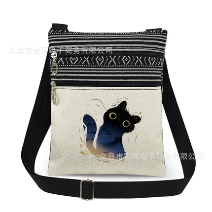Cross-Border New Product Double Zipper Cat Print Single Shoulder Crossbody Bag Ultra-Light Cross-Border Style Messenger Bag Fashionable and Cute Women's Bag