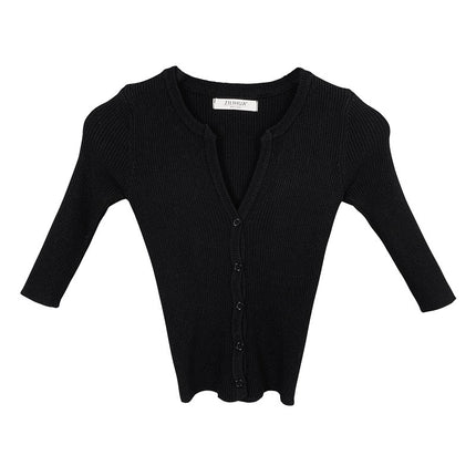 South Korea Dongdaemun Slim-fit Slimming Sexy Feminine V-neck Figure All-match Half-sleeve Knitted Cardigan Top