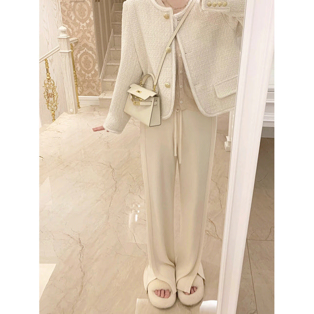 White knitted wide-leg pants for women autumn and winter slimming straight draping slightly flared loose lazy mop long pants trendy