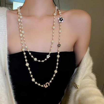Korean Four-Leaf Clover Pearl Necklace Long Accessible Luxury High-End Sweater Chain Versatile Simple Autumn and Winter Necklace Accessories