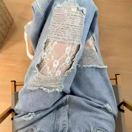 Spliced Ripped Lace Jeans for Women Summer New Loose High-Waist Slim New Wide-Leg Straight Floor-Length Trousers