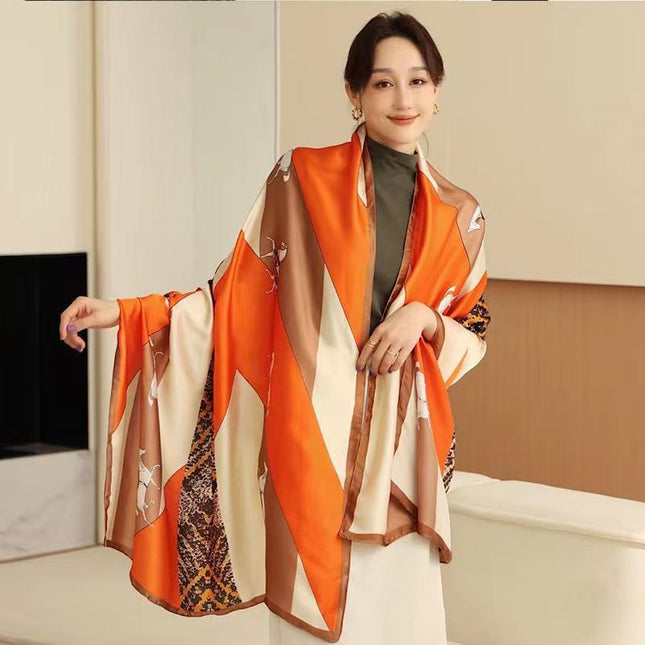 2025 K-Style of Silky Brocade Forged Long Scarf Water Lily Printed Silk Scarf Chinese Style Silk Silks and Satins Women's Beach Towel