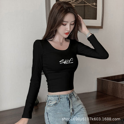 Long-Sleeved Short T-Shirt for Women with Low Collar, Slim Fit, Black High Waist, Exposed Navel, Sexy Tight-Fitting Crop Top for Women, Trendy