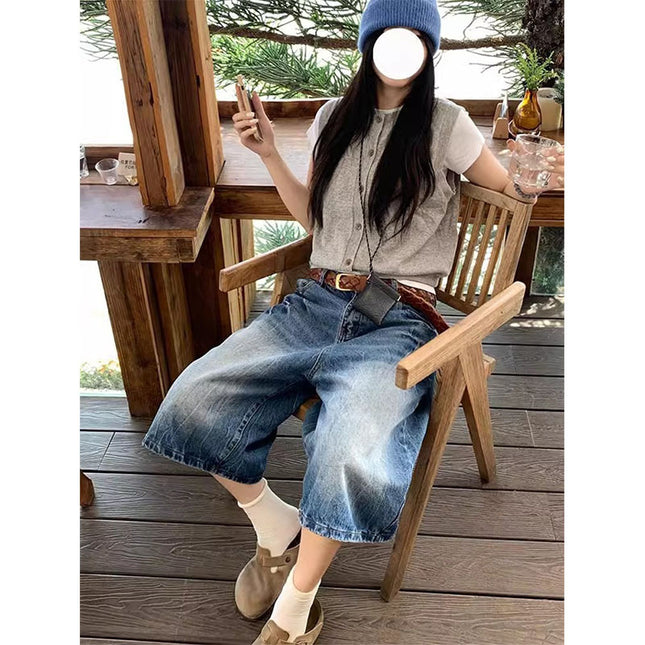 Plus-Size American Retro Lightning Design Denim Shorts for Women, New Summer Style, Loose Wide-Leg Cropped Pants for Plus-Size Women