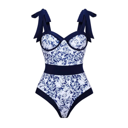 2024 Europe and the United States new one-piece swimsuit lace-up color contrast printed one-piece swimsuit cross-border explosion 2368