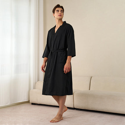 Summer Thin Water Absorbent Waffe Bathrobe Women's Summer Mid-length Simple Sexy Nightgown Men's Breathable Bath Towel Pajamas