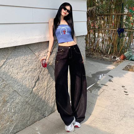 American Embroidered Stitching Machete Wide Leg Jeans Women's 2025 Spring New High Waist Loose Sickle Mop Pants