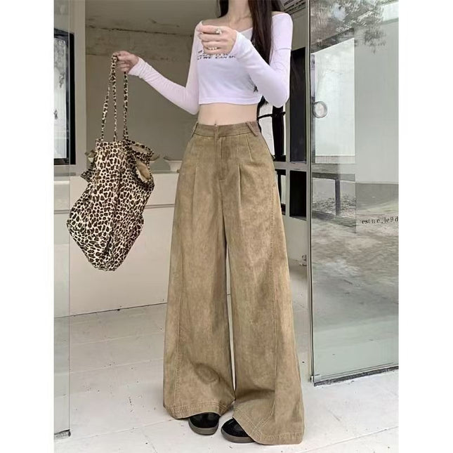 Petite Design American-Style Dark Khaki Retro High-Waisted Women's Wide-Leg Loose Slimming Straight-Leg Floor-Length Jeans