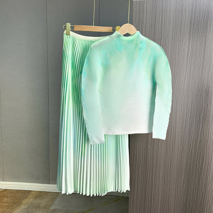 Gradient Print Stylish Age-Reducing Long-Sleeve Top Two-Piece Set European and American Export Pleated Slim-Fit Slimming Pleated Skirt