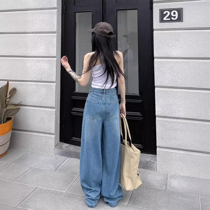 American Retro Distressed High-Waisted Straight Jeans for Women 2024 Spring and Autum New Fashion Versatile Loose Floor-Length